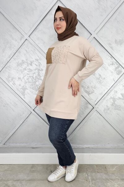 KADIN BASKI DETAYLI TESETTÜR TUNİK BEJ - 3XL