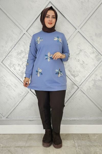 KADIN DİKME ÇİÇEK DETAYLI TESETTÜR TUNİK MAVİ - 3 BEDEN