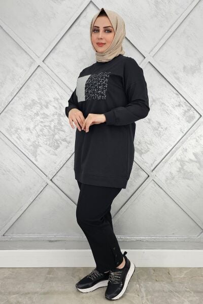 KADIN BASKI DETAYLI TESETTÜR TUNİK SİYAH - XL