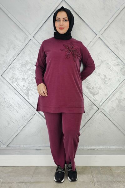 KADIN DİKME DETAYLI TESETTÜR TAKIM BORDO - 2 BEDEN