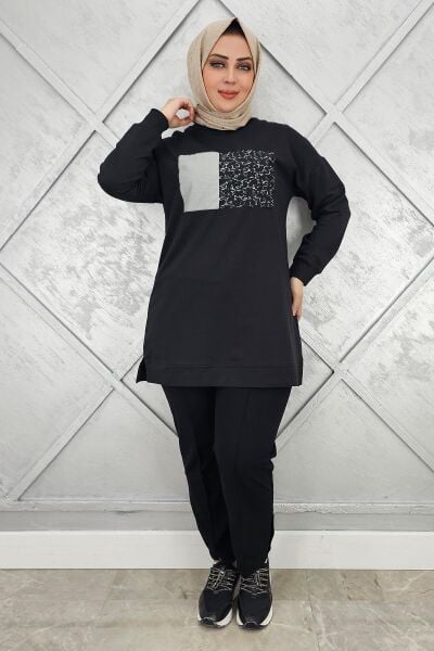 KADIN BASKI DETAYLI TESETTÜR TUNİK SİYAH - 2XL