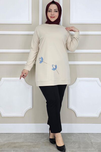 KADIN ÇİÇEK DİKME DETAYLI TESETTÜR TUNİK BEJ - 2 BEDEN