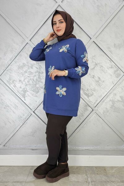 KADIN DİKME ÇİÇEK DETAYLI TESETTÜR TUNİK İNDİGO - 3 BEDEN