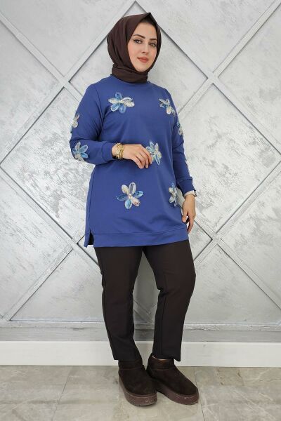 KADIN DİKME ÇİÇEK DETAYLI TESETTÜR TUNİK İNDİGO - 3 BEDEN