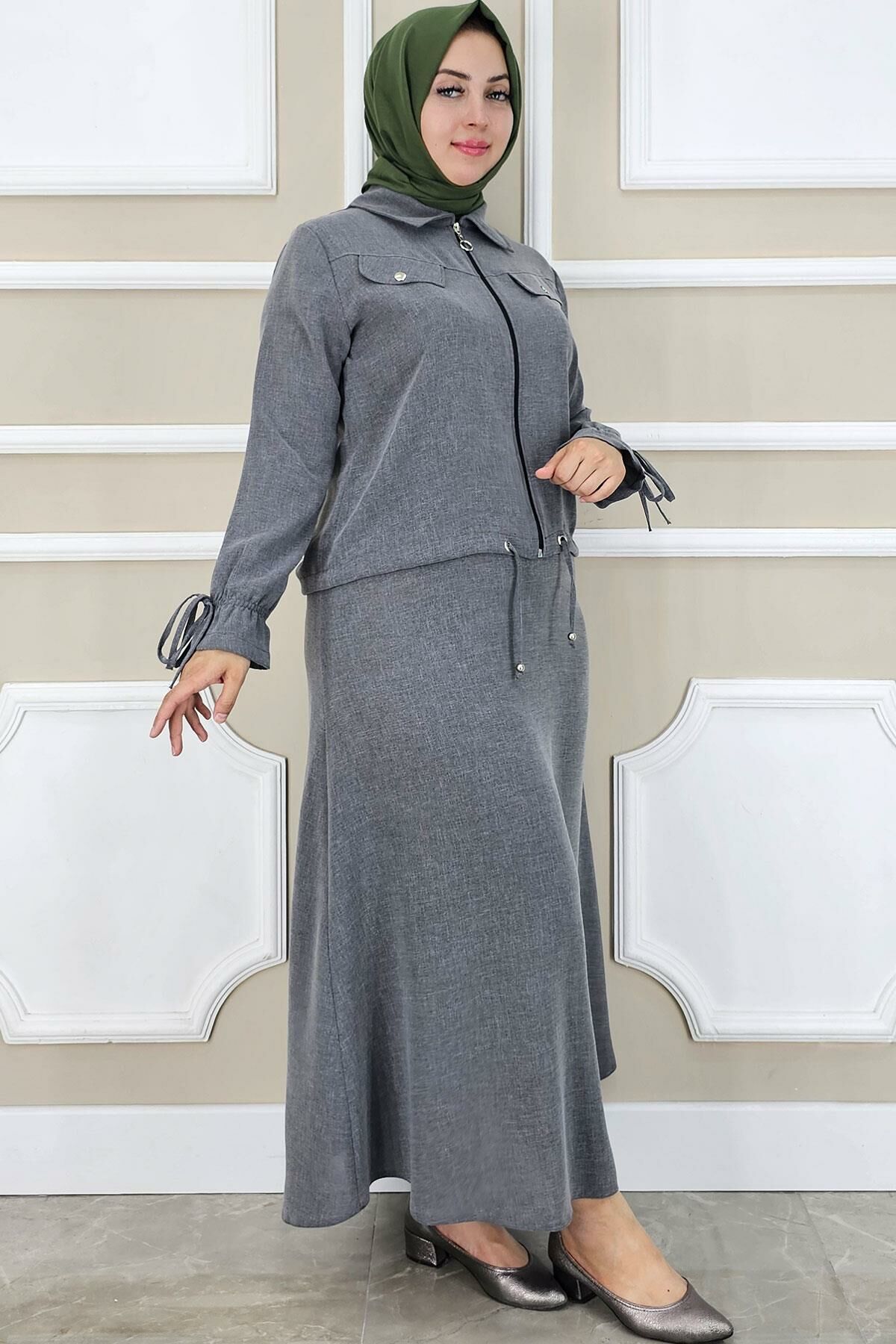 PYS KADIN MANŞETİ BAĞ İPLİ TESETTÜR TAKIM GRİ - 2 BEDEN