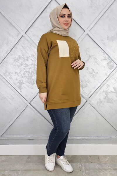 KADIN BASKI DETAYLI TESETTÜR TUNİK YAĞ YEŞİLİ - 2XL