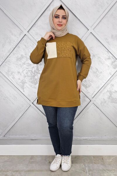 KADIN BASKI DETAYLI TESETTÜR TUNİK YAĞ YEŞİLİ - 2XL