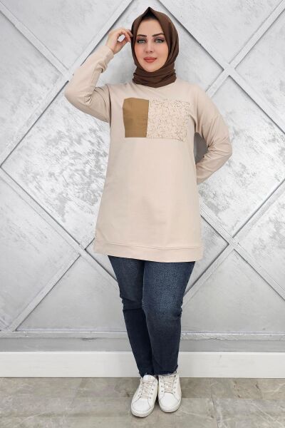 KADIN BASKI DETAYLI TESETTÜR TUNİK BEJ - L