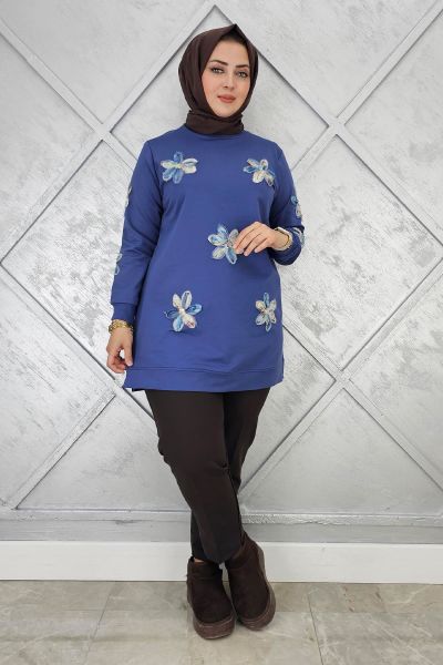 KADIN DİKME ÇİÇEK DETAYLI TESETTÜR TUNİK İNDİGO - 5 BEDEN