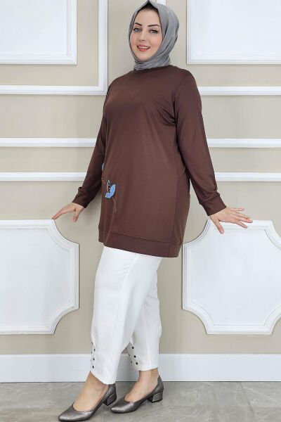 KADIN ÇİÇEK DİKME DETAYLI TESETTÜR TUNİK KAHVERENGİ - 2 BEDEN