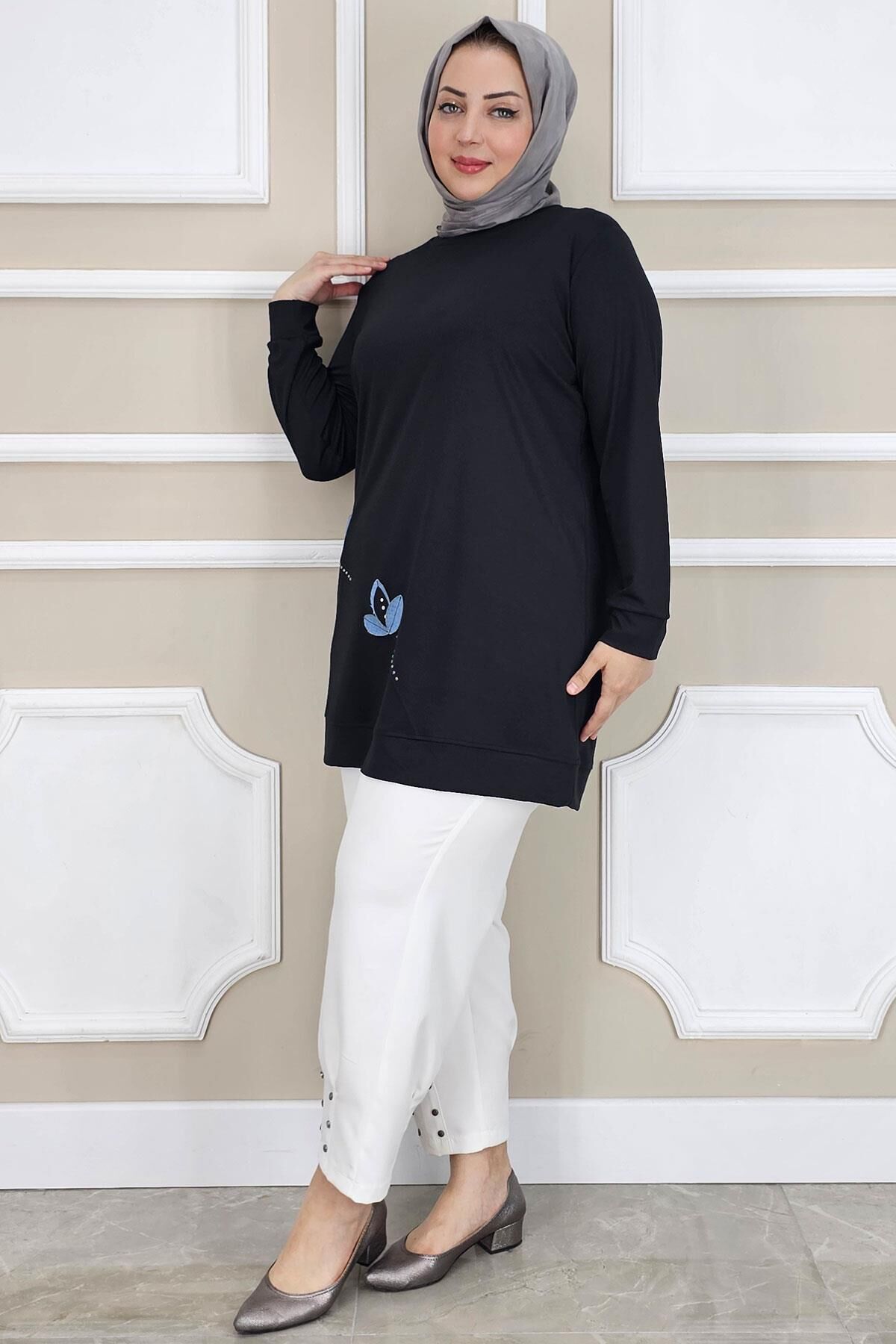 KADIN ÇİÇEK DİKME DETAYLI TESETTÜR TUNİK SİYAH - 2 BEDEN