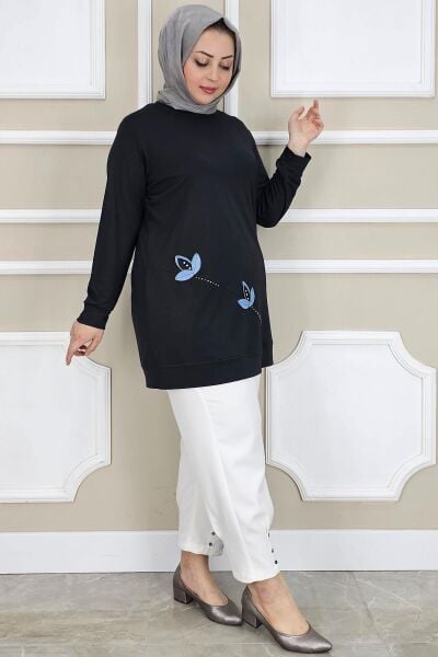 KADIN ÇİÇEK DİKME DETAYLI TESETTÜR TUNİK SİYAH - 2 BEDEN