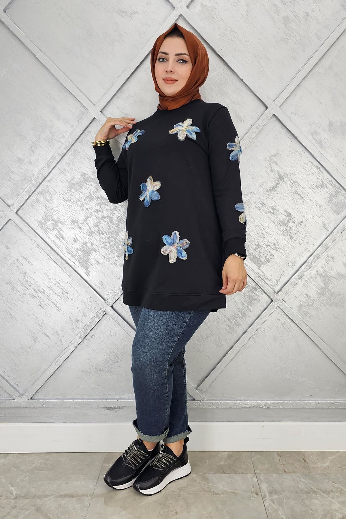 KADIN DİKME ÇİÇEK DETAYLI TESETTÜR TUNİK SİYAH - 4 BEDEN