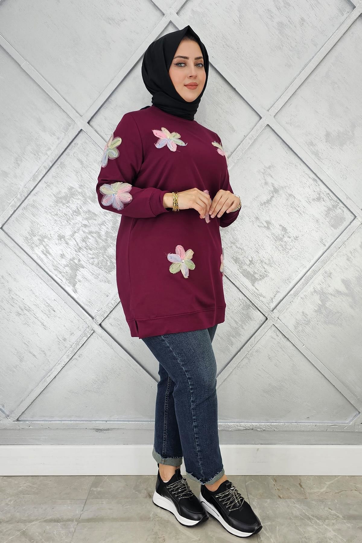 KADIN DİKME ÇİÇEK DETAYLI TESETTÜR TUNİK BORDO - 3 BEDEN