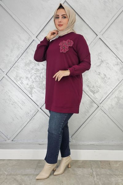 KADIN DİKME ÇİÇEK DETAYLI TESETTÜR TUNİK BORDO - 3XL
