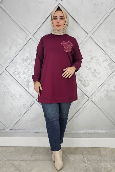 KADIN DİKME ÇİÇEK DETAYLI TESETTÜR TUNİK BORDO - 3XL