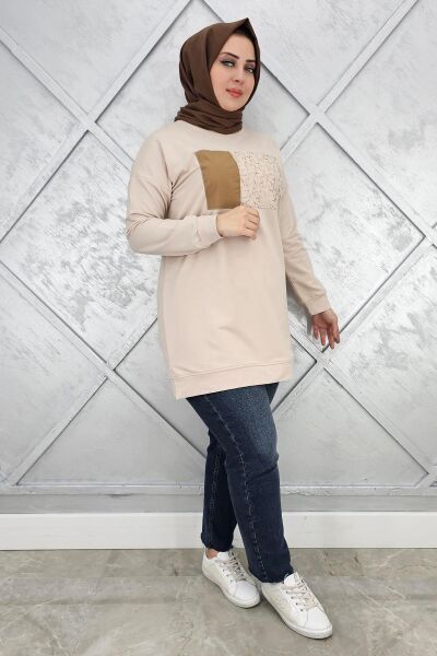 KADIN BASKI DETAYLI TESETTÜR TUNİK BEJ - XL