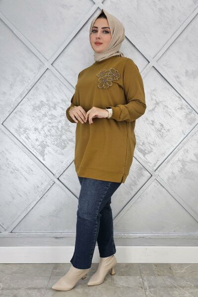 KADIN DİKME ÇİÇEK DETAYLI TESETTÜR TUNİK YAĞ YEŞİLİ - 2XL