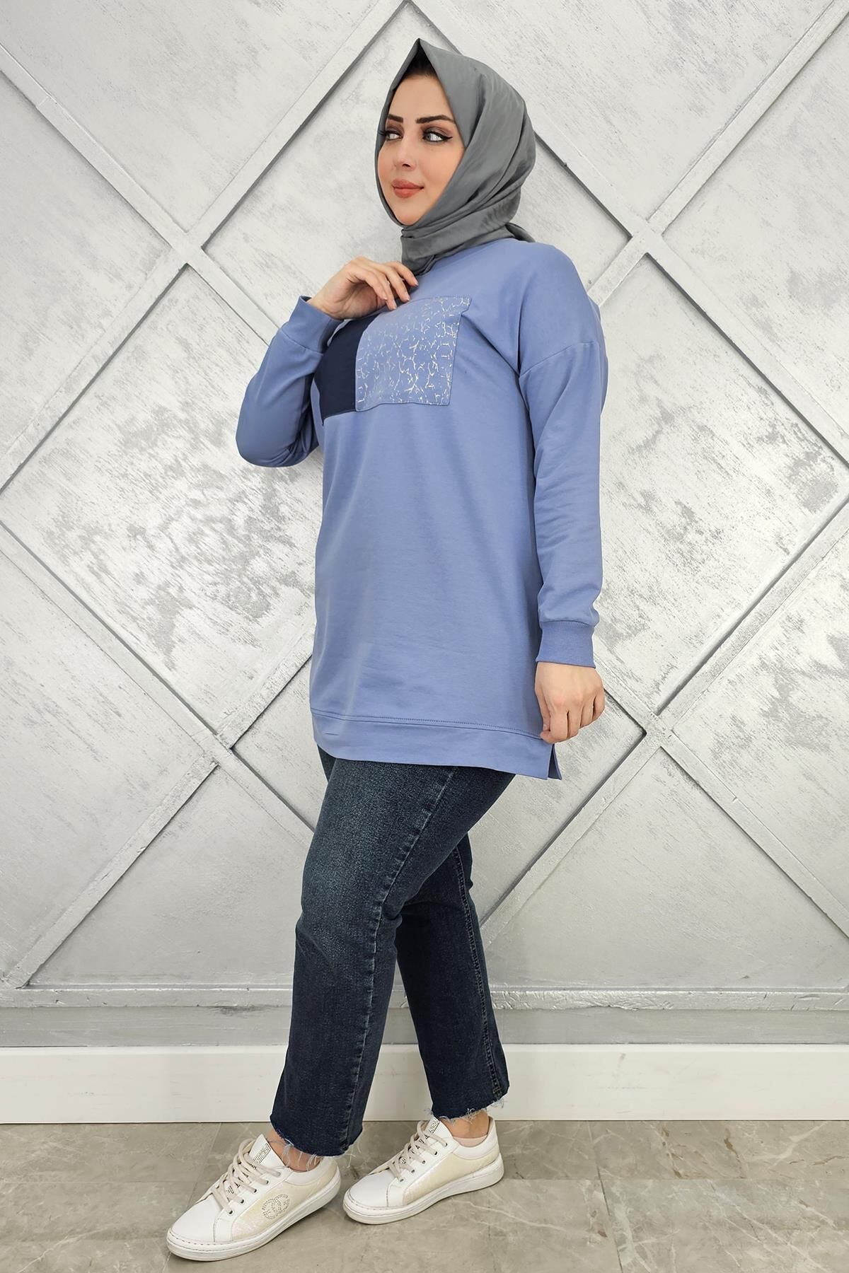 KADIN BASKI DETAYLI TESETTÜR TUNİK MAVİ - 2XL