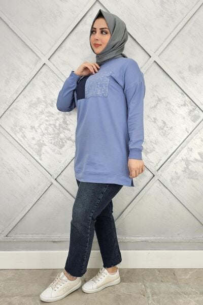 KADIN BASKI DETAYLI TESETTÜR TUNİK MAVİ - 2XL