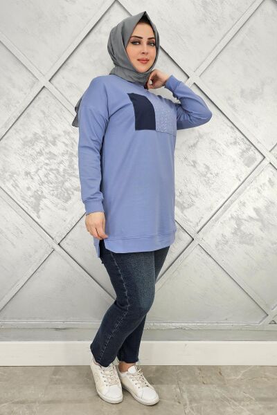 KADIN BASKI DETAYLI TESETTÜR TUNİK MAVİ - 2XL