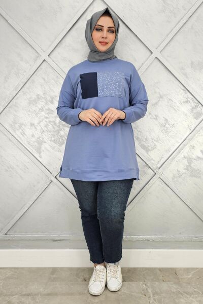 KADIN BASKI DETAYLI TESETTÜR TUNİK MAVİ - 2XL