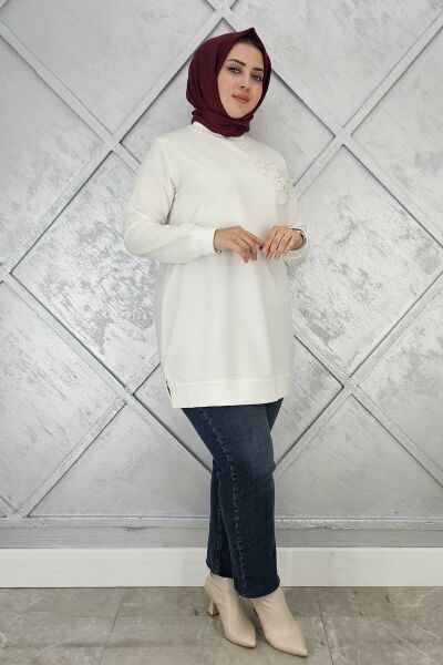 KADIN DİKME ÇİÇEK DETAYLI TESETTÜR TUNİK EKRU - 3XL