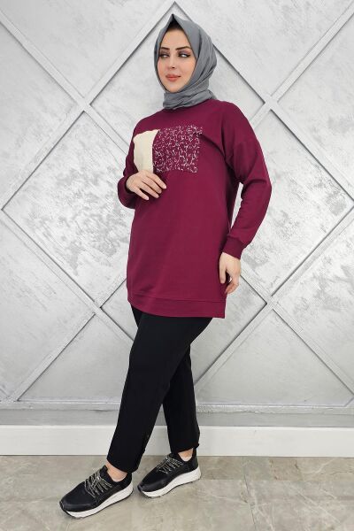 KADIN BASKI DETAYLI TESETTÜR TUNİK BORDO - L