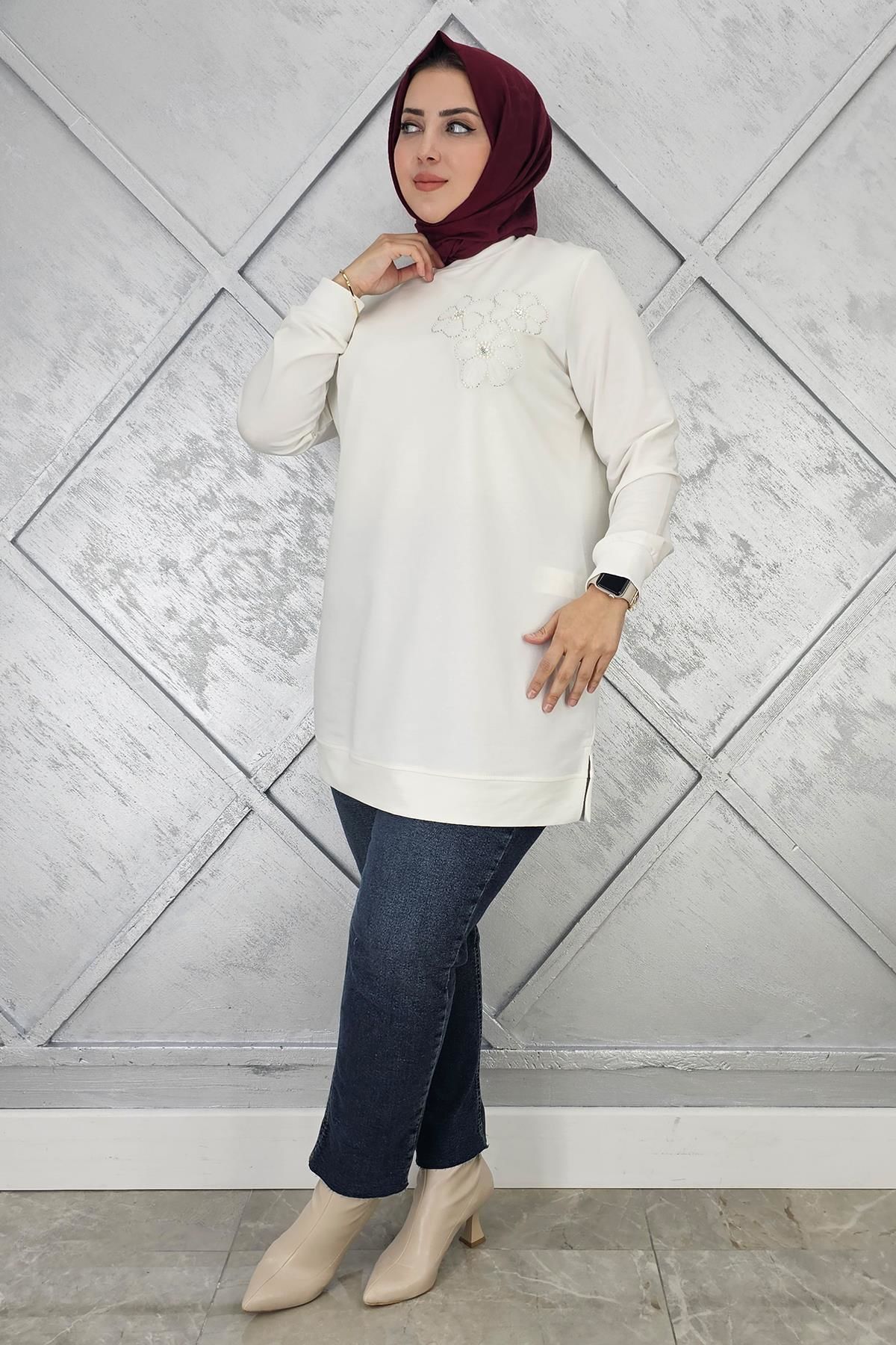 KADIN DİKME ÇİÇEK DETAYLI TESETTÜR TUNİK EKRU - L