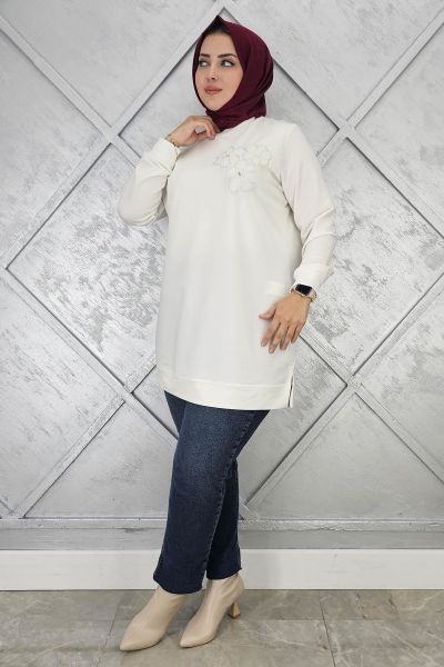 KADIN DİKME ÇİÇEK DETAYLI TESETTÜR TUNİK EKRU - L