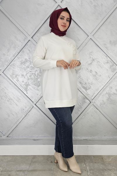 KADIN DİKME ÇİÇEK DETAYLI TESETTÜR TUNİK EKRU - L