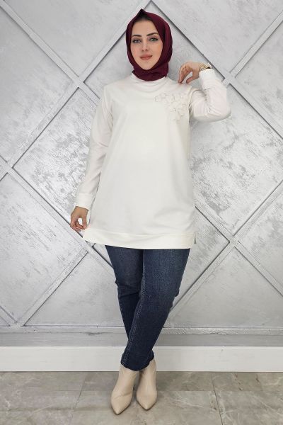 KADIN DİKME ÇİÇEK DETAYLI TESETTÜR TUNİK EKRU - L
