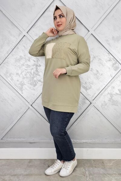 KADIN BASKI DETAYLI TESETTÜR TUNİK MİNT YEŞİLİ - 3XL