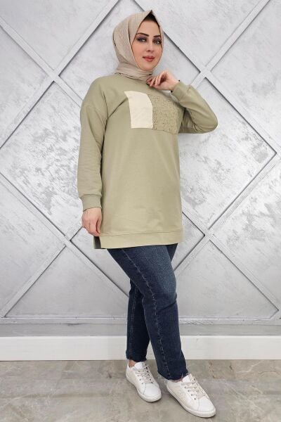 KADIN BASKI DETAYLI TESETTÜR TUNİK MİNT YEŞİLİ - 3XL