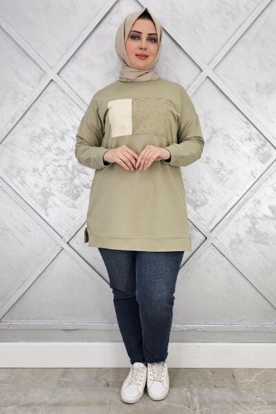 KADIN BASKI DETAYLI TESETTÜR TUNİK MİNT YEŞİLİ - 3XL