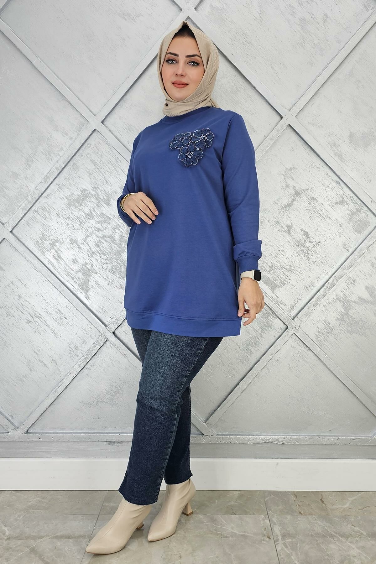 KADIN DİKME ÇİÇEK DETAYLI TESETTÜR TUNİK İNDİGO - 2XL