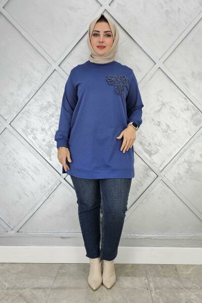 KADIN DİKME ÇİÇEK DETAYLI TESETTÜR TUNİK İNDİGO - 2XL