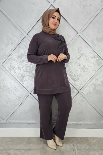 KADIN DİKME DETAYLI TESETTÜR TAKIM KAHVERENGİ - 4 BEDEN