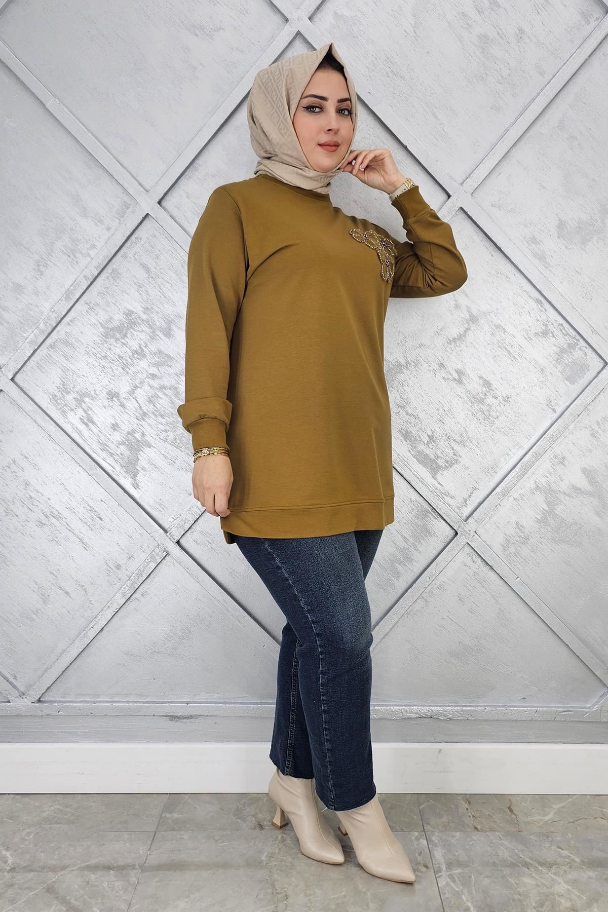 KADIN DİKME ÇİÇEK DETAYLI TESETTÜR TUNİK YAĞ YEŞİLİ - 3XL