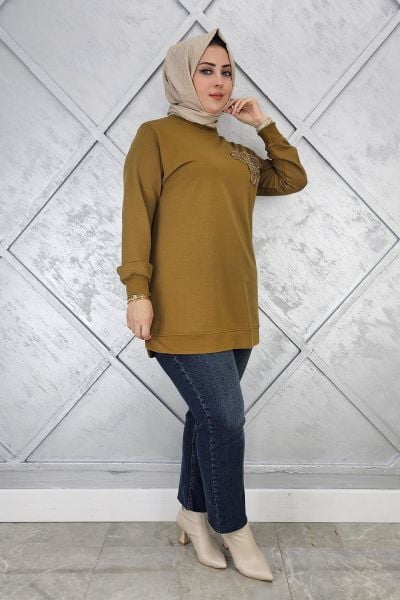 KADIN DİKME ÇİÇEK DETAYLI TESETTÜR TUNİK YAĞ YEŞİLİ - 3XL