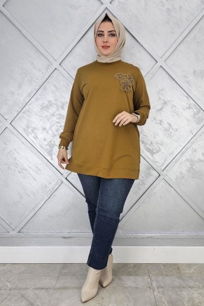 KADIN DİKME ÇİÇEK DETAYLI TESETTÜR TUNİK YAĞ YEŞİLİ - 3XL