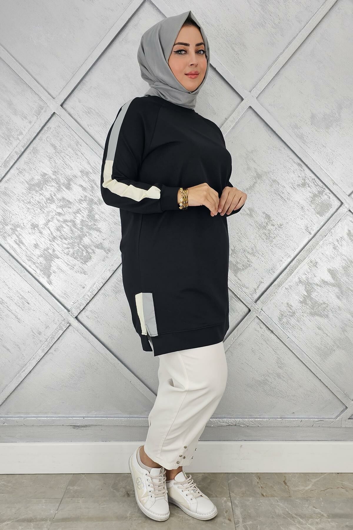 KADIN KOLLARI KOMBİNLİ TESETTÜR TUNİK SİYAH - 2 BEDEN