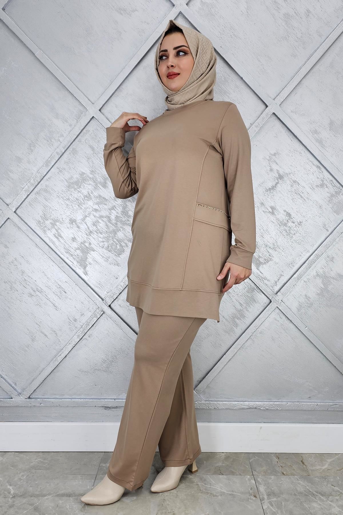 KADIN CEBİ TAŞ DETAYLI TESETTÜR TAKIM VİZON - 3XL