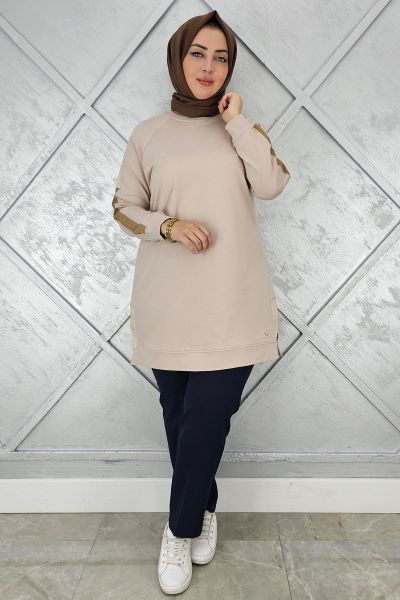 KADIN KOLLARI KOMBİNLİ TESETTÜR TUNİK BEJ - 5 BEDEN