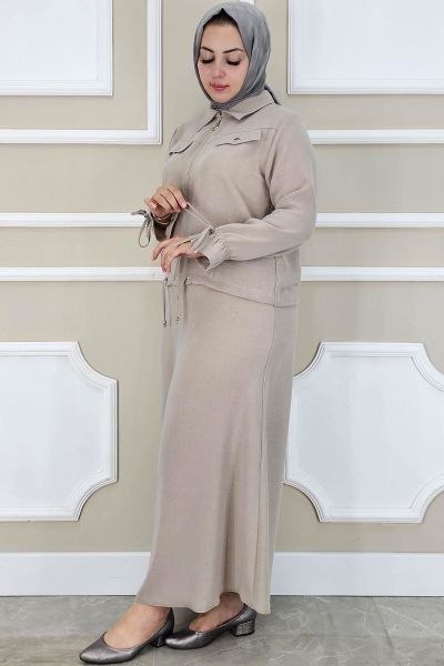 PYS KADIN MANŞETİ BAĞ İPLİ TESETTÜR TAKIM BEJ - 3 BEDEN