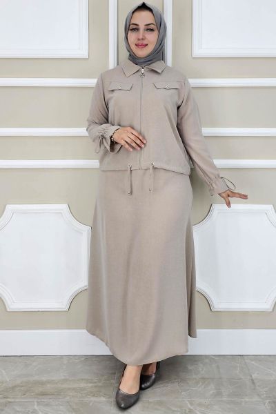 PYS KADIN MANŞETİ BAĞ İPLİ TESETTÜR TAKIM BEJ - 3 BEDEN