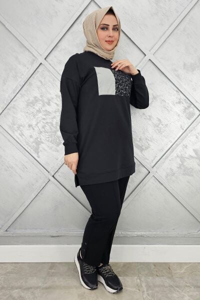 KADIN BASKI DETAYLI TESETTÜR TUNİK SİYAH - 3XL