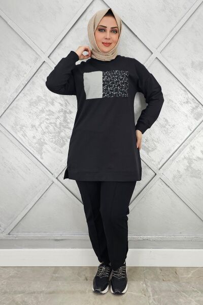 KADIN BASKI DETAYLI TESETTÜR TUNİK SİYAH - 3XL