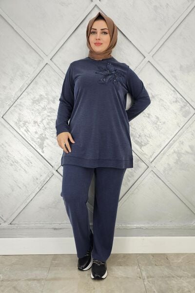 KADIN DİKME DETAYLI TESETTÜR TAKIM LACİVERT - 3 BEDEN