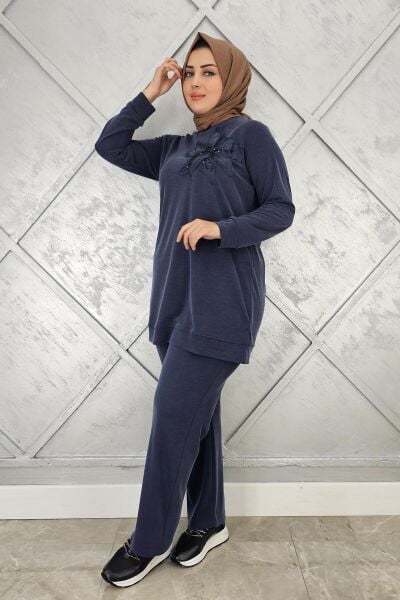 KADIN DİKME DETAYLI TESETTÜR TAKIM LACİVERT - 3 BEDEN